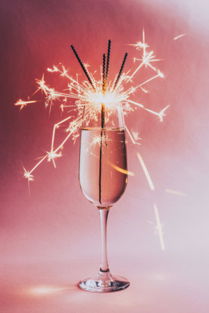Bright sparklers sparkle in a champagne glass, creating a vibrant atmosphere. This eye-catching display is ideal for festive moments and special occasions, enhancing the celebration's joy.の素材