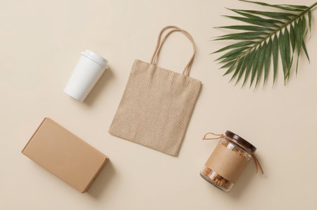 A stylish flat lay showcases a jute bag, coffee cup, gift box, and a jar, all arranged on a soft beige background, capturing a serene vibe.の素材