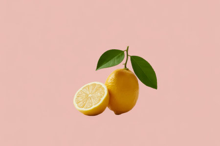 Two fresh lemons, one whole and one cut in half, sit against a soft pink background. The bright yellow color of the lemons contrasts beautifully with the backdrop.の素材