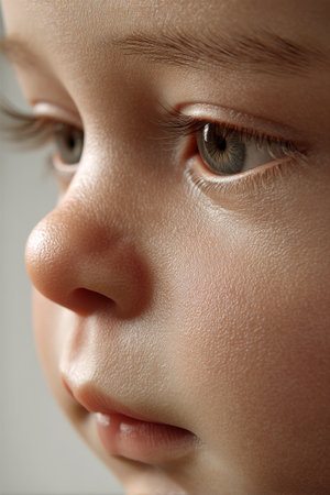 Delicate features shine in natural light, showcasing the exquisite textures and emotions of a young childâs face in all its glory.の素材