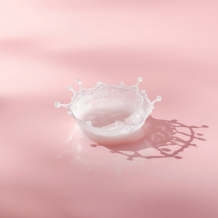A single droplet of milk splashes gracefully, forming a crown-like shape against a soft pink backdrop. The scene captures the beauty of motion and fluidity in a moment of time.の素材