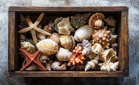 Discover the intricate textures and colors of seashells and starfish arranged in a rustic wooden box, illuminated by natural light.の素材