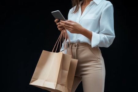A stylish woman in a white shirt and beige pants juggles shopping bags while focused on her phone, all against a black backdrop.の素材