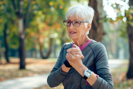 An older woman wearing glasses and athletic clothing jogs in a park setting. She appears to be using a smartwatch to monitor her fitness progressの素材
