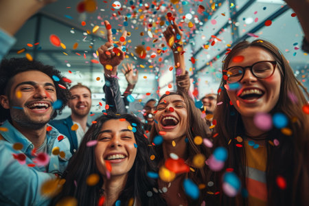 Group of cheerful colleagues reveling in their triumph, hands raised in jubilation under a shower of colorful confetti.の素材