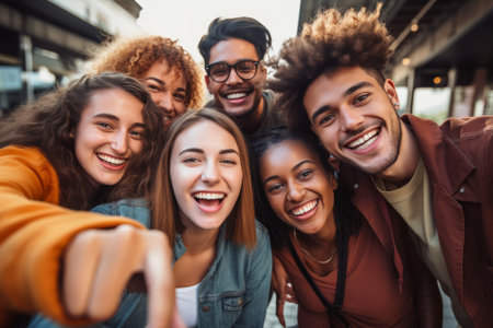 Group of happy young people taking a picture together created with generative AI technologyの素材