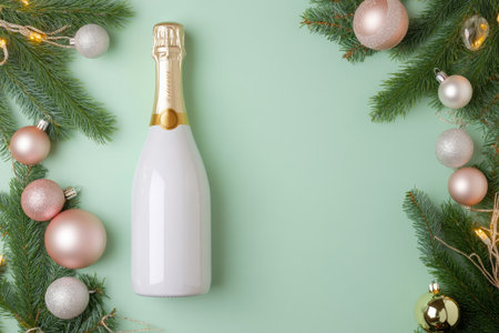 A sleek white champagne bottle is beautifully framed by glimmering ornaments and lush greenery, setting a joyful holiday atmosphere.の素材