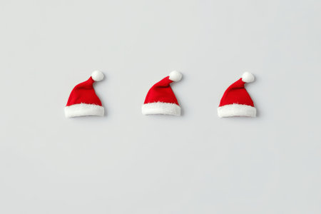 A joyful display of three red and white Santa hats side by side, evoking the warmth and cheer of Christmas celebrations.の素材