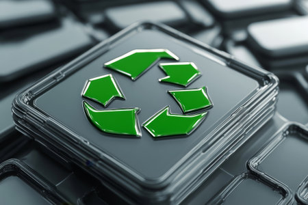 A vibrant green recycling symbol rests on a camp-style battery pack, showcasing a commitment to environmentally friendly technology.の素材
