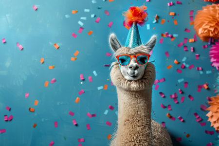 A llama dons party glasses and a sparkly hat amidst a shower of colorful confetti.の素材