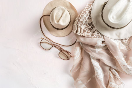 A tasteful collection of beige female accessories, including a stylish hat, scarf, and sunglasses, artfully arranged.の素材