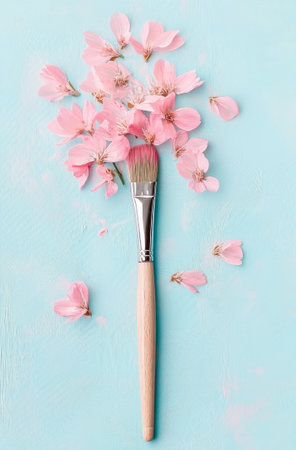 A delicate brush rests on a tranquil blue surface, elegantly adorned with soft pink cherry blossom petals scattered around.の素材
