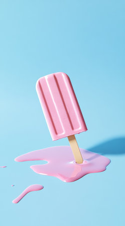 A dreamy pink popsicle slowly melts into a puddle on a soft blue background, evoking childhood memories and sweet summer days.の素材