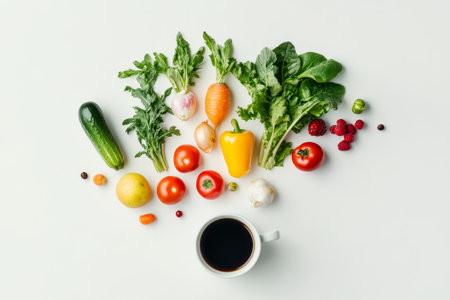 Fresh vegetables and fruits are artfully arranged in an upward arrow shape, emphasizing health and wellness against a minimalistic backdrop.の素材