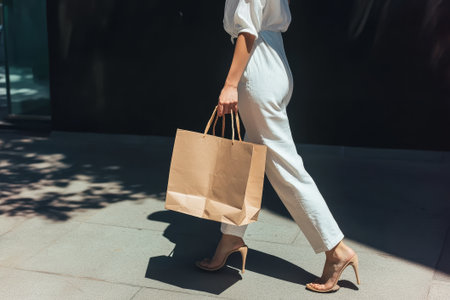 A woman in a stylish white shirt and long pants gracefully walks along a city street, holding a brown paper shopping bag as shadows play behind her.の素材