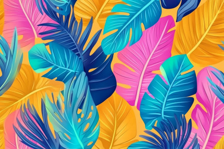 Colorful tropical leaves in blue, yellow, and pink intertwine, bringing a cheerful and exotic atmosphere to any creative space.の素材