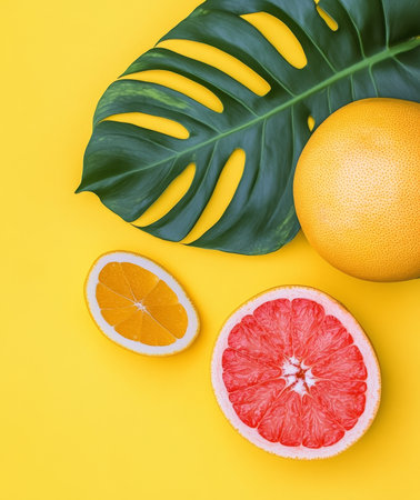 Bright yellow backdrop showcases a lush Monstera leaf, a whole grapefruit, and vibrant citrus slices, creating an artistic, minimalistic composition.の素材