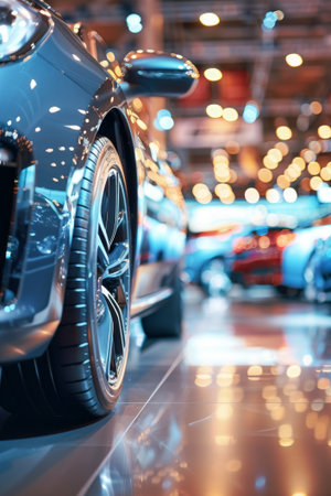 Stunning blue sports car is showcased in a high-end showroom, with elegant lighting creating a beautiful bokeh effect.の素材