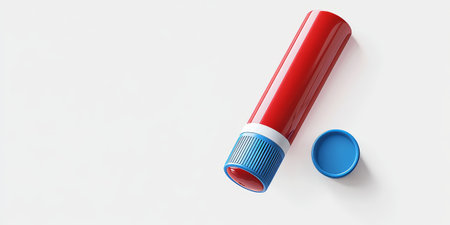 A vibrant red glue stick lies on a white background, its cap nearby, hinting at an imminent crafting session full of imagination and fun.の素材