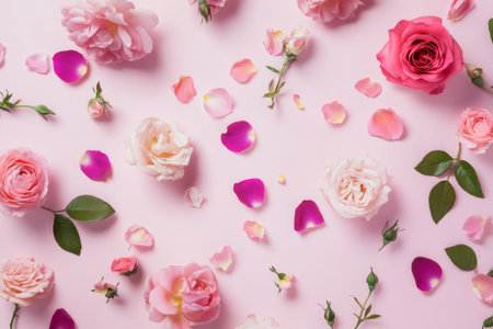 Soft pink roses and petals create a romantic and serene atmosphere against a gentle pastel backdrop, inviting feelings of love and beauty.の素材