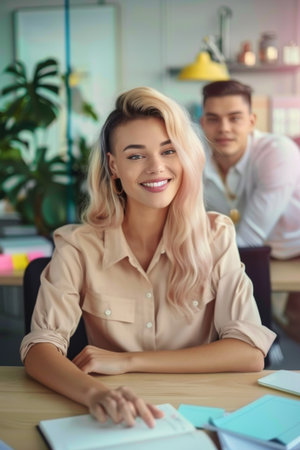 Young, hardworking professionals collaborate enthusiastically in a stylish, well-lit office, showcasing teamwork and positivity.の素材