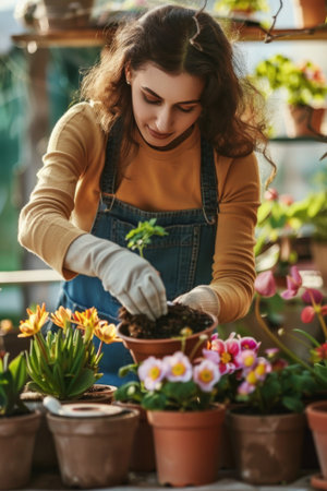 Woman nurtures blooming flowers, delicately repotting them in clay pots.の素材