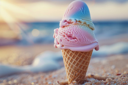 A scoop of pastel-colored ice cream melts slowly in a cone against a backdrop of a tranquil beach sunset.の素材