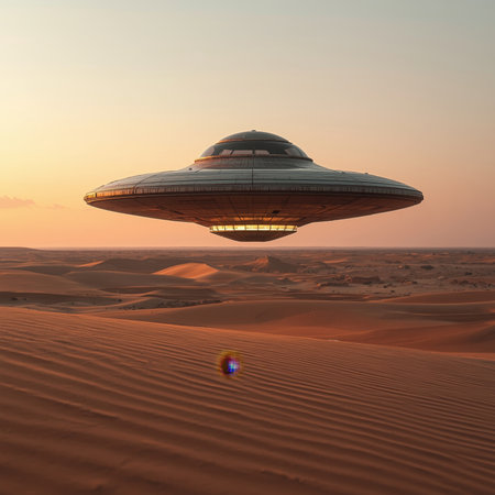 A shiny metallic flying saucer hovers above golden sand dunes at sunset. The sky glows with warm colors as the craft silently observes the tranquil scene below.の素材