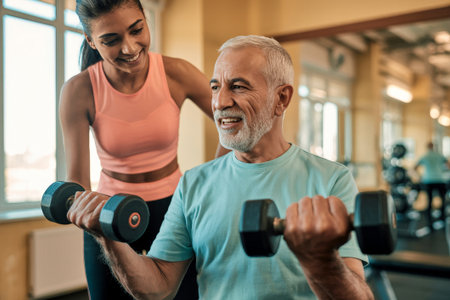In a bright gym, an elderly man performs a light dumbbell workout while receiving encouragement from a younger woman. They share a moment of motivation amid a supportive environment.の素材