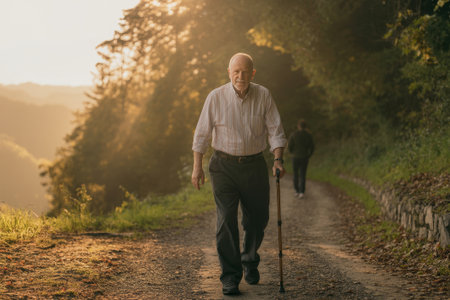 An elderly man walks peacefully along a quiet path surrounded by trees as the sun sets. A second figure is visible in the distance, creating a serene atmosphere.の素材