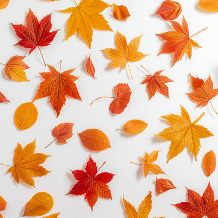Bright autumn leaves in shades of orange and red are scattered across a white surface, showcasing the beauty of fall nature. The scene captures the essence of the seasonal change.の素材