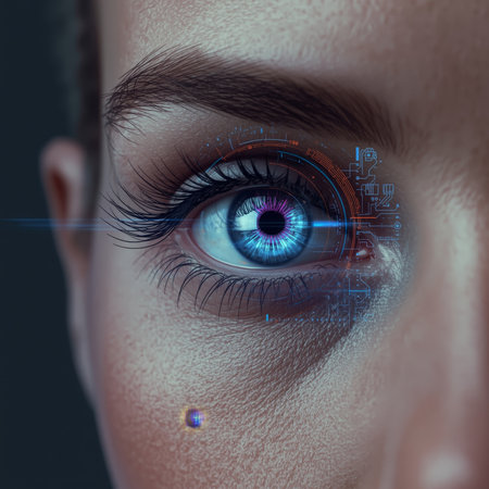 A close-up view of an eye featuring a digital holographic design. The eye reflects high-tech patterns, emphasizing innovation and creativity in visual representation.の素材