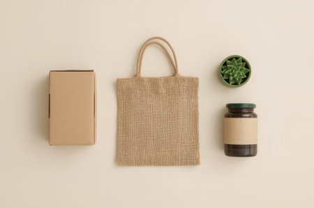 A peaceful flat lay displays a burlap bag, a jar, and a small plant, creating a serene and minimalist atmosphere in a modern studio setting.の素材
