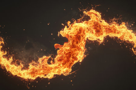 Bright flames swirl and twist in the darkness, forming dynamic shapes. The intense glow illuminates the surrounding area, showcasing the beauty and energy of fire.の素材