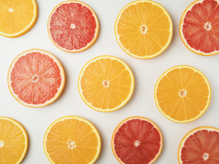 The flat lay showcases an assortment of fresh citrus slices including oranges and grapefruits. These vibrant slices create a cheerful display, perfect for a refreshing snack or garnish.の素材