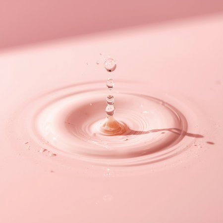 A single droplet of milk splashes into a pool, creating a beautiful ripple effect. The smooth surface captures the moment with a soft pink backdrop, emphasizing the elegance of liquid motion.の素材
