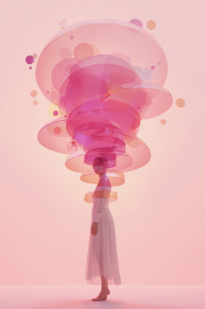 A figure stands in a flowing white dress, silhouetted against a soft pink background. Surrounding the figure are colorful, translucent circles that appear to float above, creating a dreamy atmosphere.の素材