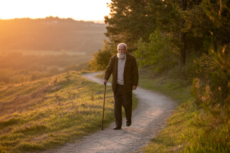 An elderly man with a cane strolls along a winding path surrounded by greenery. The sun sets, casting a warm glow over the landscape, creating a serene atmosphere for reflection.の素材