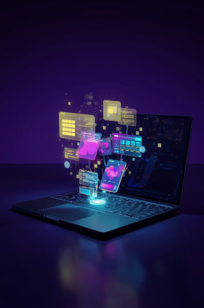 A digital illustration showcases a laptop keyboard illuminated by various colorful holographic icons. The setting appears futuristic, indicating advanced technology and innovation in computer design.の素材