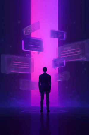 A person stands alone in a vibrant digital environment filled with glowing message bubbles. Bright colors create a dramatic atmosphere as they observe the virtual landscape.の素材