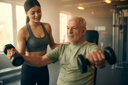 An elderly man engages in a light dumbbell workout with a trainer by his side in a well-lit gym. The atmosphere is supportive and encouraging, promoting healthy exercise for seniors.の素材