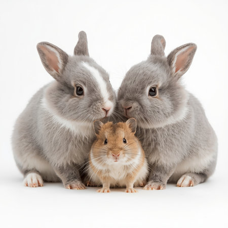 Two adorable baby rabbits with fluffy grey and white fur sit close together, warmly nuzzling a small golden hamster. They share a moment of friendship and warmth.の素材