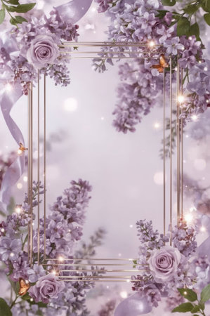 Delicate lilac flowers and soft roses create a luxurious floral arrangement. The soft lighting adds a dreamy quality, perfect for enhancing any decorative space, especially during spring.の素材