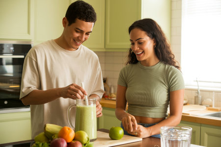 In a bright kitchen, a hispanic couple happily blends fruits for a smoothie. They share smiles while enjoying this healthy activity together on a sunny day. Fresh ingredients surround them.の素材