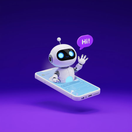 A cute white robot with large blue eyes waves from a smartphone screen. The background features a vibrant purple color, adding a playful touch to the friendly interaction.の素材