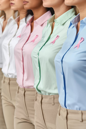 Women stand confidently in a line, each wearing pastel-colored shirts with pink ribbons. This gathering highlights their commitment to breast cancer awareness and support.の素材