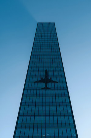 A tall glass building stands against a clear blue sky as the shadow of an airplane crosses its facade. This unique perspective highlights both architecture and aviation seamlessly.の素材