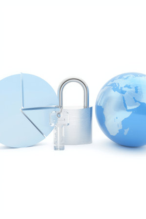 A digital illustration shows a globe symbolizing worldwide data, a pie chart for analytics, and a padlock with a key, representing data protection and security.の素材
