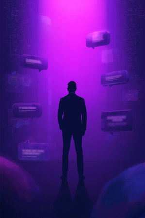 A figure in a suit is silhouetted against a bright purple and blue digital backdrop. Surrounding the person are floating message bubbles, creating a tech-inspired atmosphere.の素材