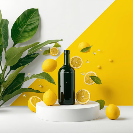 A striking composition showcases a black bottle surrounded by fresh lemons and lemon slices. The bright yellow backdrop adds a refreshing touch, enhancing the citrus theme.の素材